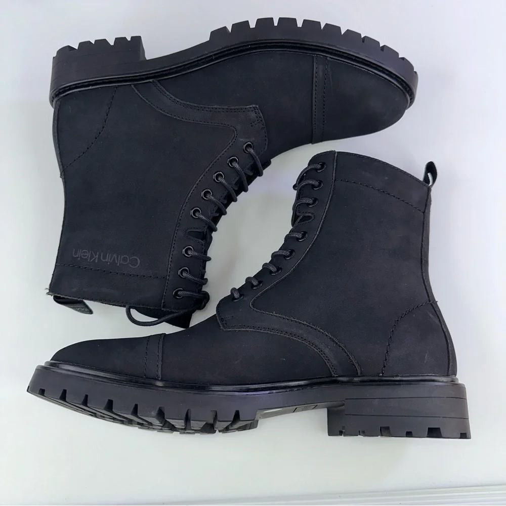 CALVIN KLEIN Mens Black Pull Tab Lorenzo Round Toe Block Heel Leather Boots